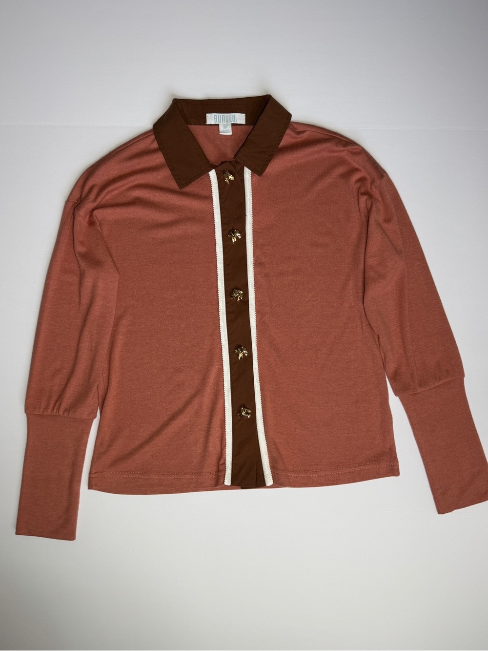 Women’s Rust Polo-Style Knit Cardigan with Contrast Trim